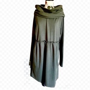 KORI AMERICA DRESS DEEP OLIVE GREEN SHAWL COLLAR RUFFLE WAIST SIZE LARGE